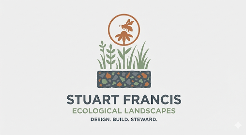 A stylised logo of a bee visiting a flower, over a flowering meadow above a mineral soil